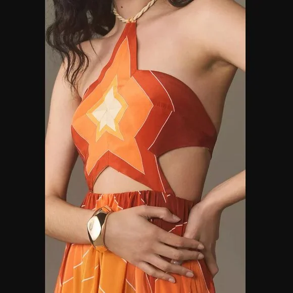 New M Farm Rio x Anthropologie Gradient stripes star halter maxi dress in orange